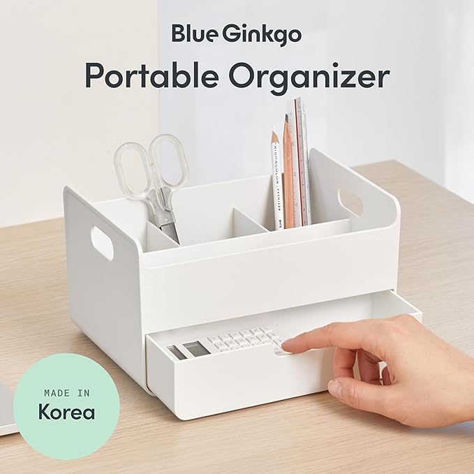 BLUE GINKGO Portable Desk Organizer – Compact 3 Compartment, Half-drawer Storage – Pen Holder, Stationery Desktop Organizer for Office, Makeup, Crafts (Made in Korea, White)