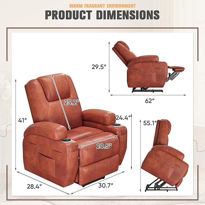 Flamaker Power Lift Chair with Vibration Massage Luxurious Leathaire Fabric Electric Lift Recliner for Elderly Power Lift Recliner Chair with Cup Holders Side Pockets for Living Room (Red Brown)