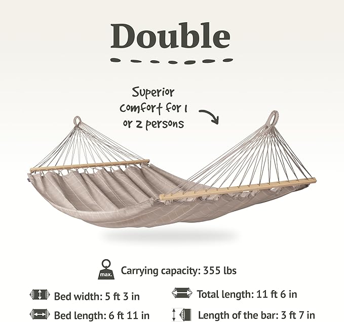 LA SIESTA® Alisio Hammock with Spreader Bar & CasaMount, Suspension Kit for Walls Ceilings & Square Beams - Weatherproof Outdoor Hammock - 2 Person Hammock Bed Double Hammock - Max 355 Lbs, Almond
