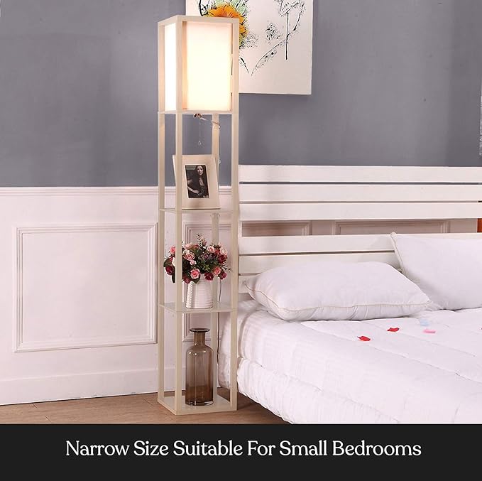 Brightech Maxwell - Modern Shelf Floor Lamp with Lamp Shade and LED Bulb - Coner Display Floor Lamps with Shelves for Living Room, Bedroom and Office - Rustic Wood