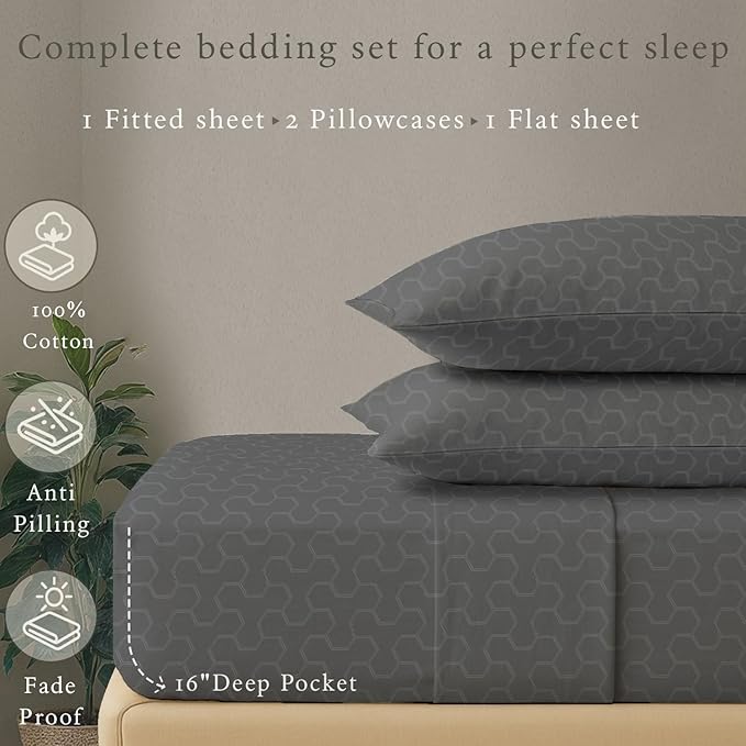 Threadmill 500 Thread Count Twin-XL Size 3 Pc Luxury Cotton Bed Sheet Set, Jacquard Floria Dark Grey, Breathable Sheets with 15" Elasticized Deep Pocket, 1 Pillowcase & Free Tote Bag