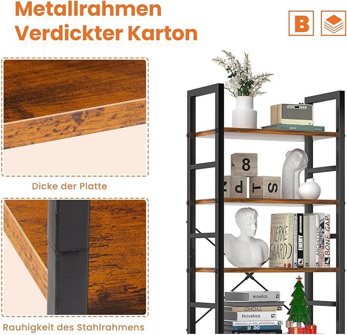 Sweetcrispy Book Shelf, 5 Tier Bookcase, Modern Tall Bookshelf Corner Storage Organizer for Garage Kit, CDs, Movies Suitable Home Office Bedroom, Kitchen, Living Room - Brown