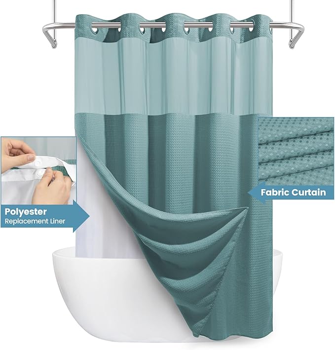 Teal No Hook Shower Curtain with Snap in Liner,230GSM Waffle Weave Shower Curtains for Bathroom,71W x 74H