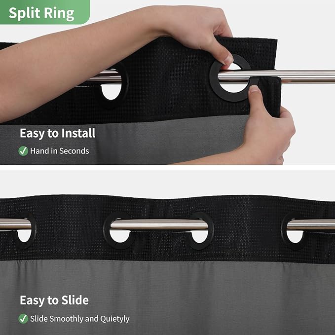 Stall No Hook Shower Curtain with Snap-in Fabric Liner Set,Waffle Weave Shower Curtains for Bathroom,Hotel Luxury Decor Bathroom Curtain Set,Waterproof & Washable,Black,54Wx80H