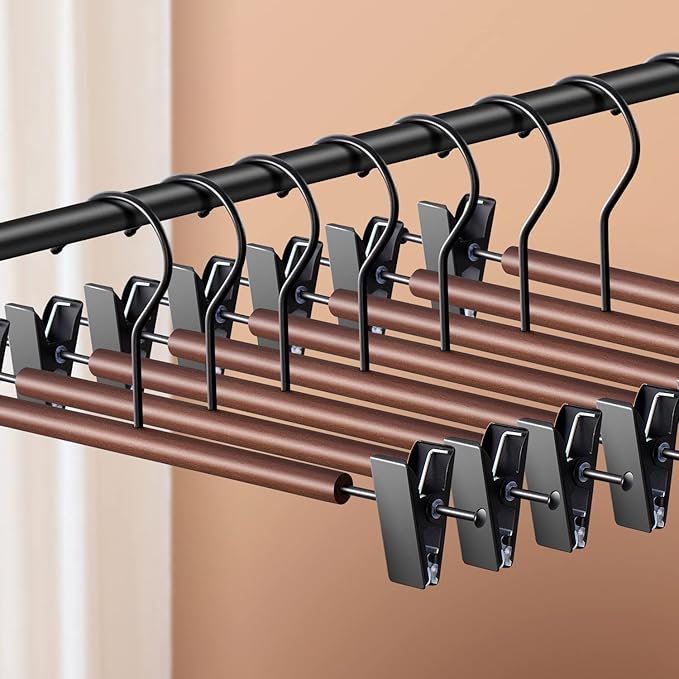Wooden Pants Hangers with Clips 20 Pack Adjustable Wood Skirt Hangers for Women Space Saving Clothes Hanger Jeans Trousers Hanger for Closet Non Slip,Brown