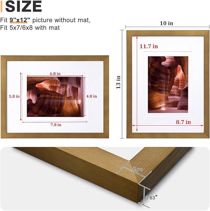 Egofine 9x12 Picture Frame Made of Solid Wood with Plexiglass, Display Pictures 5x7/6x8 with Mat or 9x12 without Mat, for Tabletop and Wall Mounting Photo Frame, Light Brown