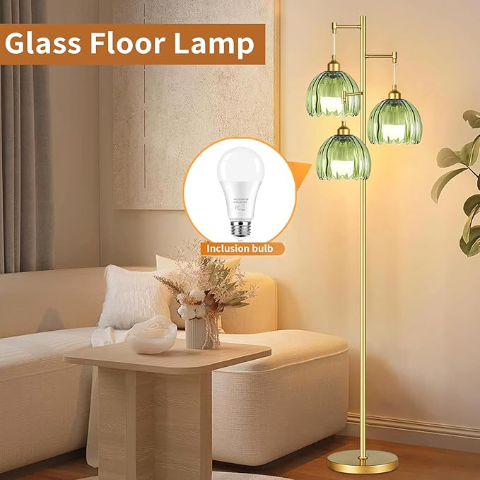 Gold Floor Lamps for Living Room Bedroom-3 Light Green Glass Floor Lamp with Three Led Bulb, Rustic Tall Floor Lamp Gold Standing Lamp Tree Floor Lamps for Living Room Bedroom,Office,Corner