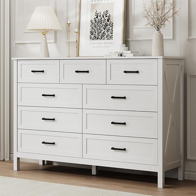 LYNSOM Farmhouse 9 Drawer Dresser for Bedroom, 55 Inch Wide Wood Rustic Chest of Drawers with X-Marking & Bar Handle, Large Storage Dressers Organizer for Bedroom, Living Room, White