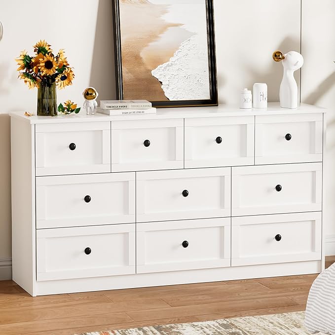 59.1" Wide Dressers & Chests of Drawers with Large Capacity Storage, Large Wooden Storage Organizer 10 Drawer Dresser for Bedroom（White）