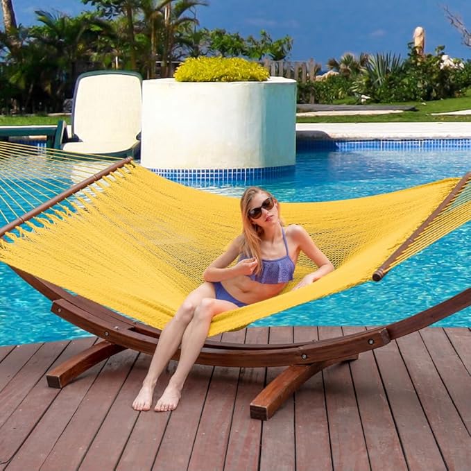 Lazy Daze Hammocks 10.5 FT Double 2 Person Caribbean Rope Hammock, Hand Woven Polyester Hammock with Spreader Bars, for Outside Outdoor Backyard Patio Poolside,450 LBS Capacity, Yellow