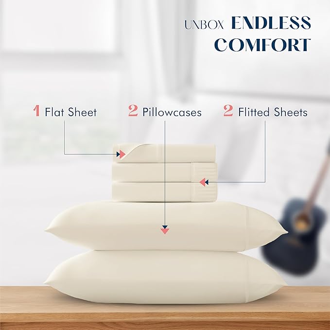 XOOX Linen 100% Egyptian Cotton Split King Sheets Sets for Adjustable Bed - Luxury 500 Thread Count Split Head King Sheets Sets (Ivory), Cooling, Sateen Weave 17" Deep Pocket Twin XL Sheet