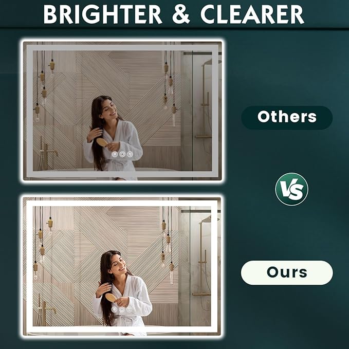LED Mirror for Bathroom 36"x 48" with Frontlit and Backlit, Anti-Fog Mirror with Lights, Stepless 3 Colors Temperature & Dimmable Bathroom Mirror