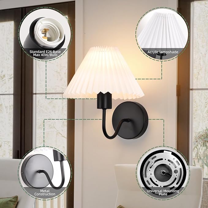Black Wall Sconces Sets of 2, White Pleated Fabric lampshade, Indoor Gooseneck Wall Lamp Lighting, Bathroom Dresser Hardwired sconces wall decor Fixture for Living Room Bedroom Dining Room Hallway
