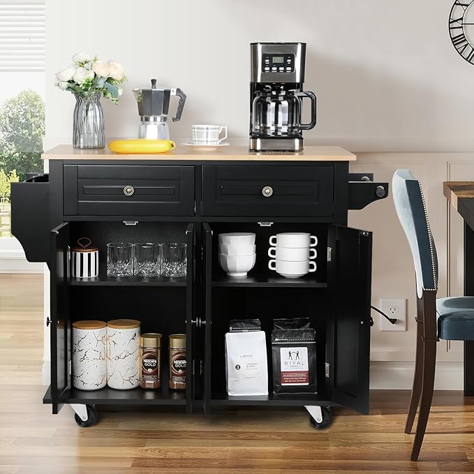 VOWNER 43" W Kitchen Island with Drop Leaf, Rolling Kitchen Island with Drawers, Portable Island Kitchen with Storage, Floating Kitchen Cart with Spice Rack & Towel Rack, Isla para Cocina (Black)