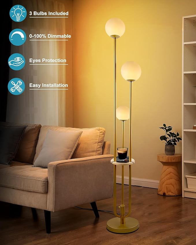 Lightdot Gold Globe Floor Lamp 3-Lights Dimmable Floor Lamps with Tray 3000K Bulbs Included Unique Floor Lamp Candle Holder Style Modern Standing Lamps for Living Room/Bedroom