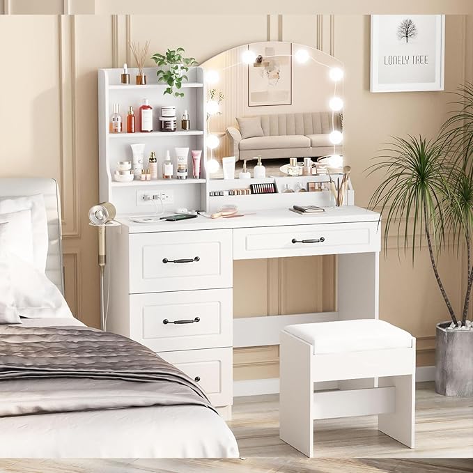 Vabches Makeup Vanity Desk with Lights and Charging Station, White Vanity Set Makeup Table with 4 Drawers Lots Storage, 3 Lighting Colors, Large Size 39.4in(W)