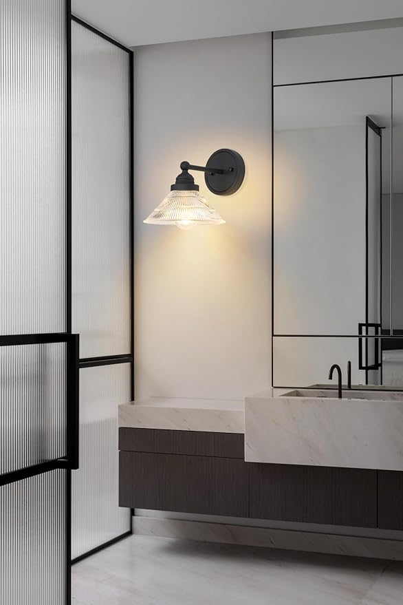 Vintage Wall Sconce 1-Light with Clear Ribbed Glass Shade, Industrial Hardwired Wall Light Fixture for Bedside Living Room Vanity Bathroom Hallway