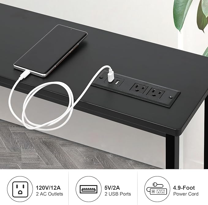 VASMIA Console Table with Power Outlet and USB Ports, Entryway Table, Narrow Sofa Table, 39" Bamboo Skinny Hallway Table for Entryway, Living Room, Bedroom, Foyer, Black