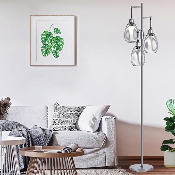 Nintiue Dimmable Floor Lamp, 3 x 800LM LED Edison Bulbs Included, Industrial Floor Lamp Standing Tree Lamp with Elegant Teardrop Cage Heads Tall Lamps for Living Room Bedroom-Grey