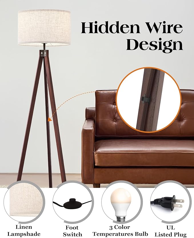 ELYONA Wood Tripod Floor Lamp, Mid Century Modern Reading Standing Light, Tall Studying Light with 3 Color Temperatures LED Bulb & Nature Linen Shade for Farmhouse Living Room Bedroom Office, Walnut