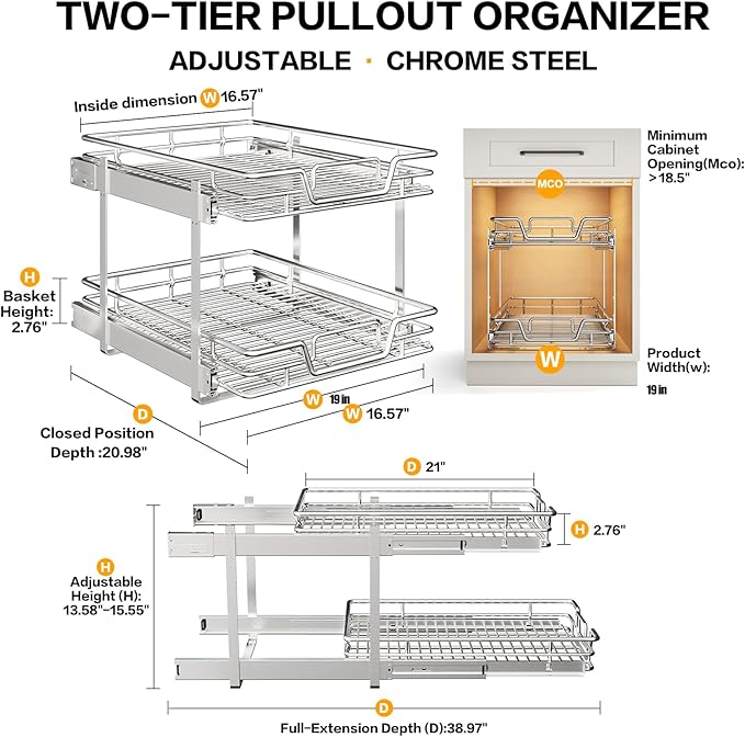 2pαck 2-Tier Kitchen Cabinet Pull Out Shelf and Drawer Organizer Slide Out Pantry Storaqe Basket in Multiple Sizes2pαck(19" W x 21" D)
