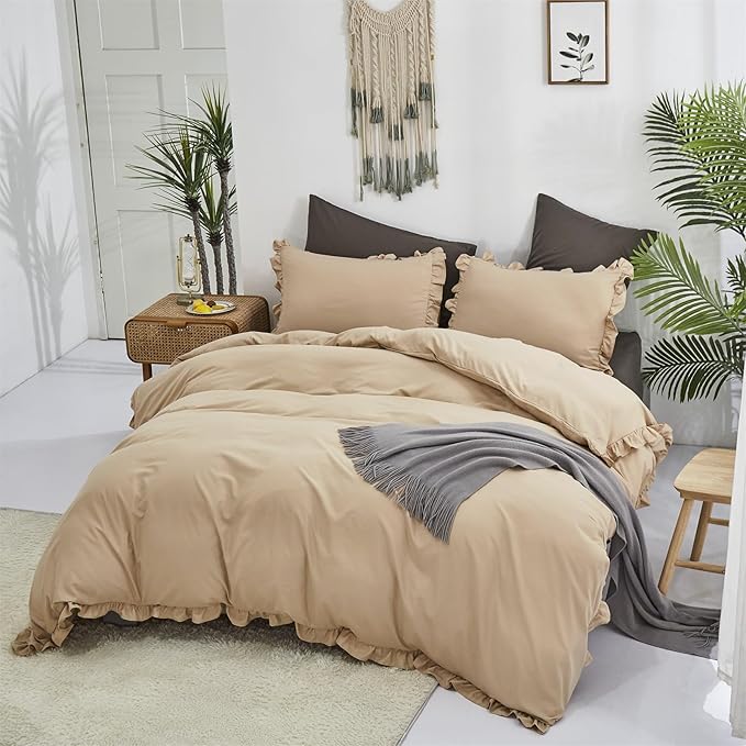 CLOTHKNOW Queen Comforter Set Taupe Ruffles Farmhouse Bedding Comforter Sets Soft Tan Comforter Khaki Comforter with 2 x Pillow Cases