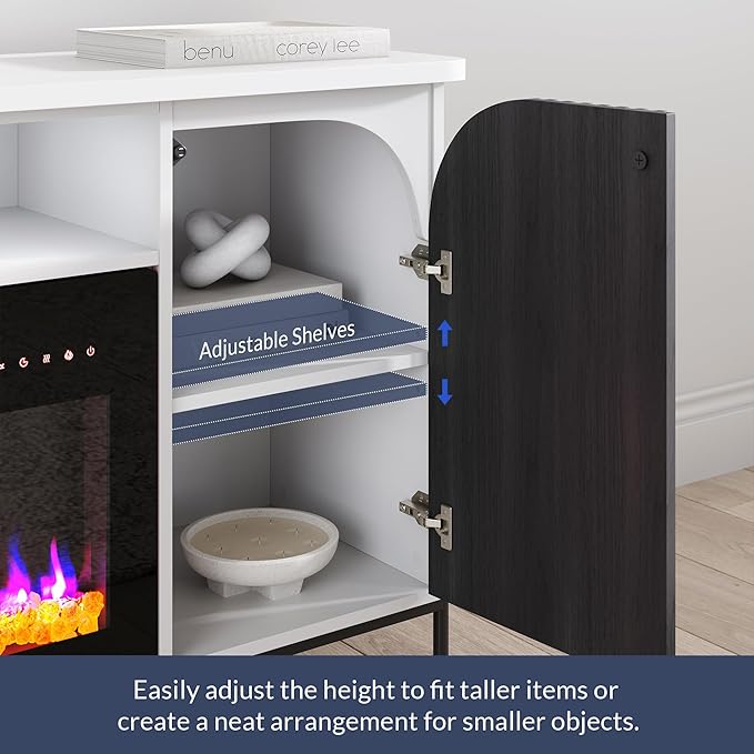 BELLEZE 68" Fluted TV Stand with 36" Electric Fireplace, Modern Entertainment Center with Storage for TVs Up to 75", Media Console with Curved Panel & Door,TV Cabinet for Living Room Bedroom (White)