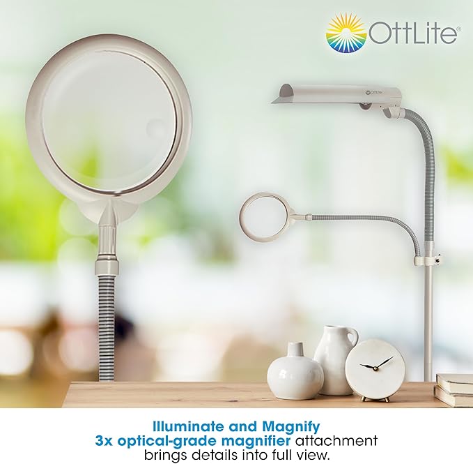 OttLite 18w EasyView Standing Floor Lamp with Optical Grade 3X Magnifier Attachment Arm & Flexible Neck - Wide Wing Shade with Modern Design for Crafting, Work, Office, Dorm Room, Sewing & Reading