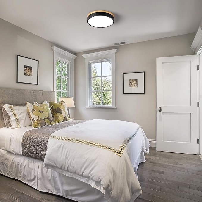 Dimmable Wood LED Ceiling Light Fixture, Black Round Low Profile Flush Mount Ceiling Lighting, Modern 5CCT 2700K-6000K Ceiling Lamp for Laundry Room Hallway Kitchen Bedroom, 11.8in