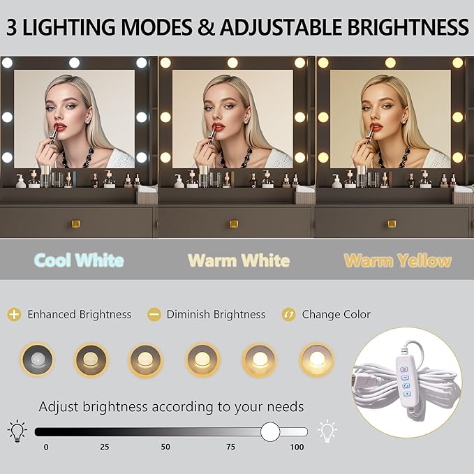 Vanity Desk with Mirror and Lights, Small Makeup Vanity Table with RGB Storage Cabinet & Power Strips & Shelves, 3 Lighting Modes & Adjustable Brightness, Dressing Table for Women Girls Bedroom, Black