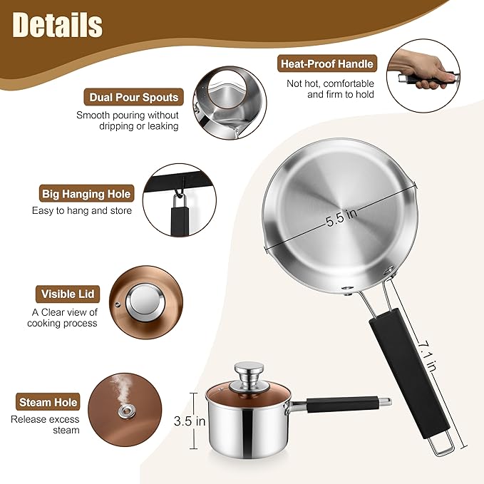 E-far 1 Quart Sauce Pan with Lid, Stainless Steel Tri-Ply All Clad Small Cooking Pot with Pour Spout, Multipurpose Induction Saucepan & Stay-Cool Handle, Compatible with All Cooktops, Dishwasher Safe