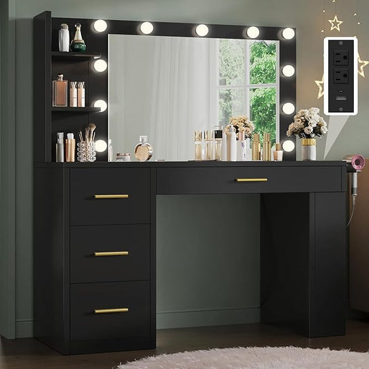 YITAHOME Vanity Desk with Mirror and Lights, Makeup Table with Charging Station, Large Vanity Set with 4 Drawers, Cute Makeup Desk with 6 Storage Shelves, Black