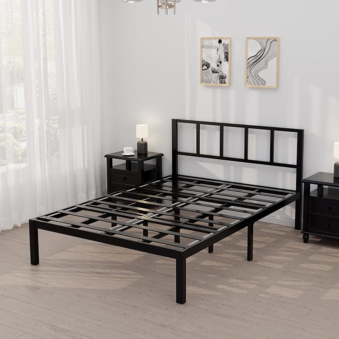 14 Inch Bamboo Bed Frame – Solid Wood Platform Bed Frame, Strong and Stable, with Non-Slip Slats for Support, No Box Spring Needed, Easy to Assemble, Noise-Free (Black with Headboard, Full)