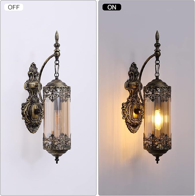 Rustic Wall Sconce with Amber Glass Mini Vintage Antique Gothic Wall Light Fixture Retro Farmhouse Mid Centry Lantern Wall Sconce for Bedroom, Hallway, Mirror, Bursh Gold, E12