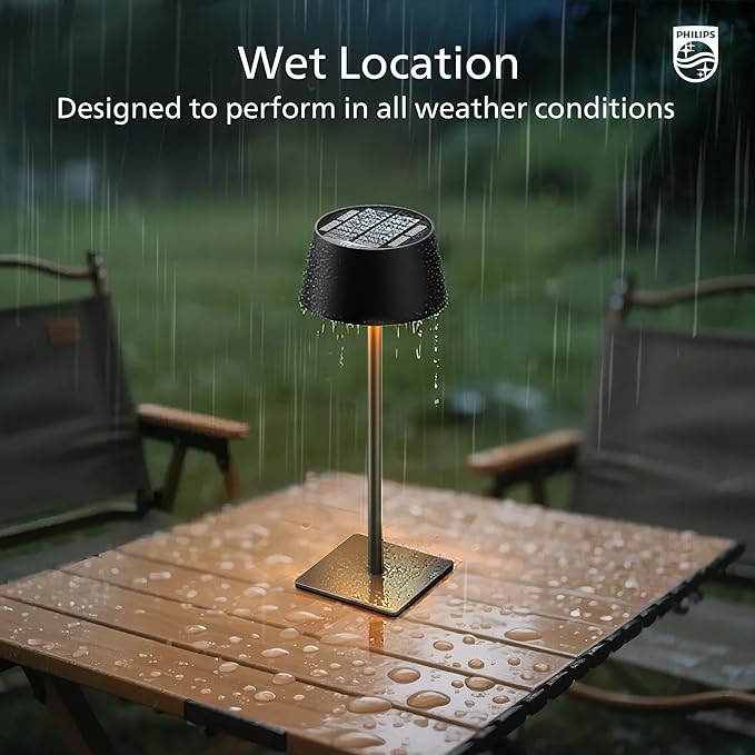 Philips Solar Outdoor Table Lamp, Portable LED Desk Light,Cordless Battery-Operated，2 Adjustable Height, Touch Control & Stepless Dimming Night Light，Waterproof for Garden, Bedroom