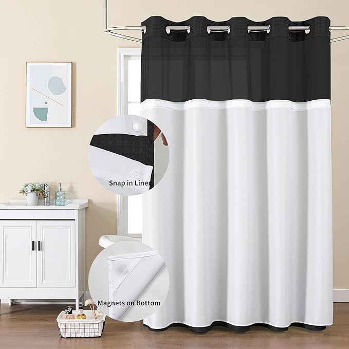 Colorful Star Small Stall Shower Curtain with Snap in Fabric Liner, Waffle Weave No Hook Shower Curtains with Mesh Top Window, Hotel Style Waterproof Bathroom Curtain Set, 36 x 75 Inch, Black