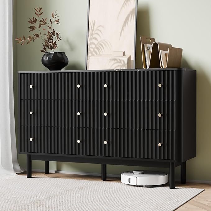 Fluted 6 Drawers Dresser for Bedroom, 54" Wide Modern Chest of Drawers with Faux Marble Top, Curved Profile Design, Solid Wood Legs, Wodden Dresser TV Stand, Storage Organizer for Bedroom, Black