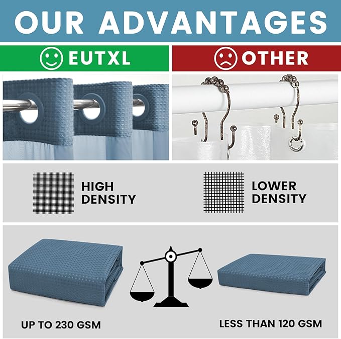 Moonlight Blue Stall No Hook Shower Curtain with Snap in Liner,230GSM Waffle Weave Shower Curtains for Bathroom,54W x 80H