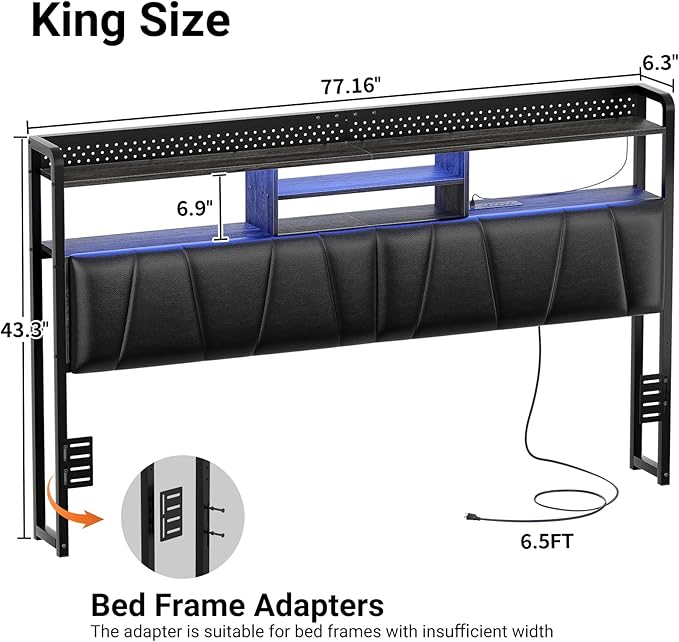 Unikito Headboard for King Size Bed Frame, Upholstered Head Board with Outlets, USB Ports and LED Light, Comfortable Leather Headboards with Storage Shelf, Sturdy King Bed Headboard Only, Black Oak