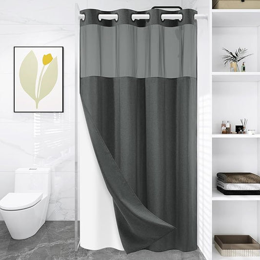 Small No Hook Shower Curtain with Snap in Liner, Polyester Textured Shower Curtain with Liner Set, Waterproof Washable Hotel Style Shower Curtains for Bathroom, 54Wx80H, Charcoal Grey