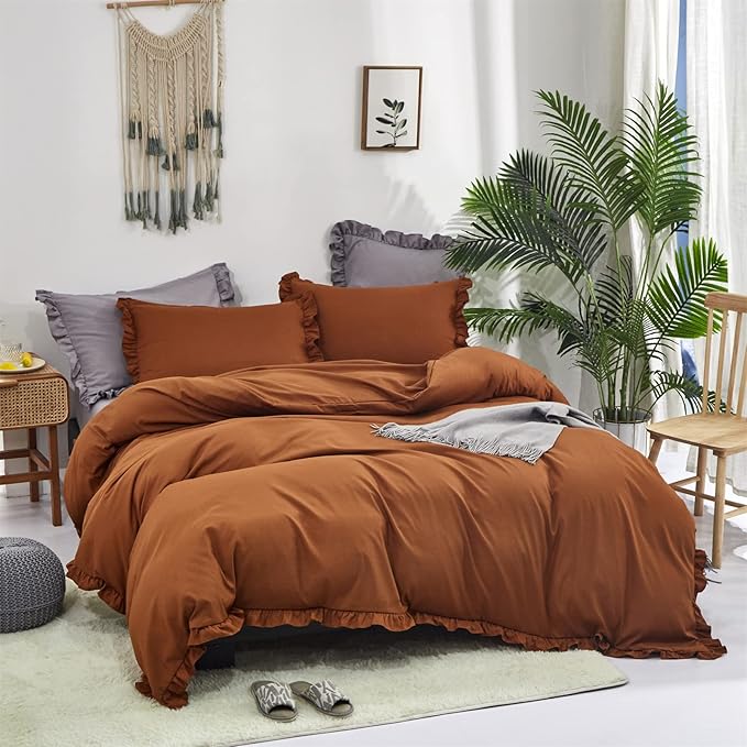 Luxlovery Pumpkin Color Ruffle Comforter Set Queen Farmhouse Rust Bedding Comforter Set Full Shabby Chic Solid Terracotta Blanket Quilts Vintage Bedding Set Women Men Adults