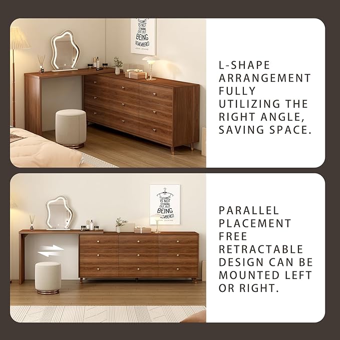 Makeup Vanity Desk with Cloud HD Lighted Mirror, 70-110in Extendable Modern Vanity Table, 6-Drawer Solid Wood Frame Storage Cabinet, Dressing Table for Bedroom, Brown