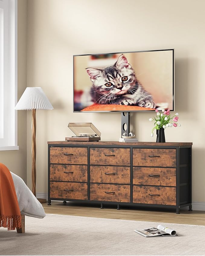 TV Stand with Mount for 32/55/65/75/85 inch TVs, Entertainment Center with 9 Fabric Drawers Dresser Storage, Height Adjustable Media Console