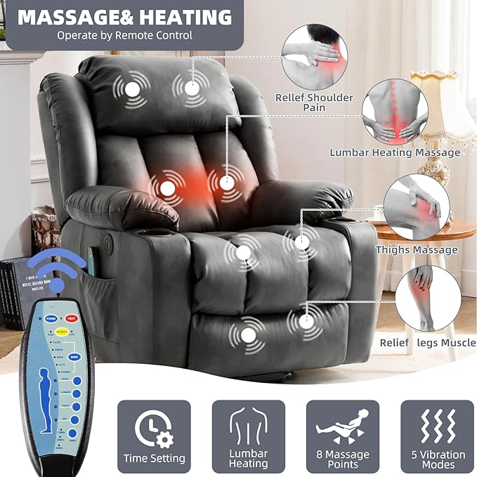 Power Lift Recliner Chair for Elderly, Electric Recliner Chairs for Adults with Massage and Heat, Cup Holders, Remote Control, USB Ports, Side Pockets, Leather (Aluminum Gray)