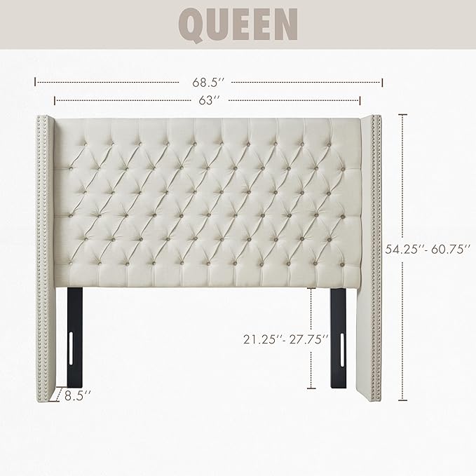 Madison Park Amelia Upholstered Headboard | Nail Head Trim Wingback Button Tufted | Queen, Cream