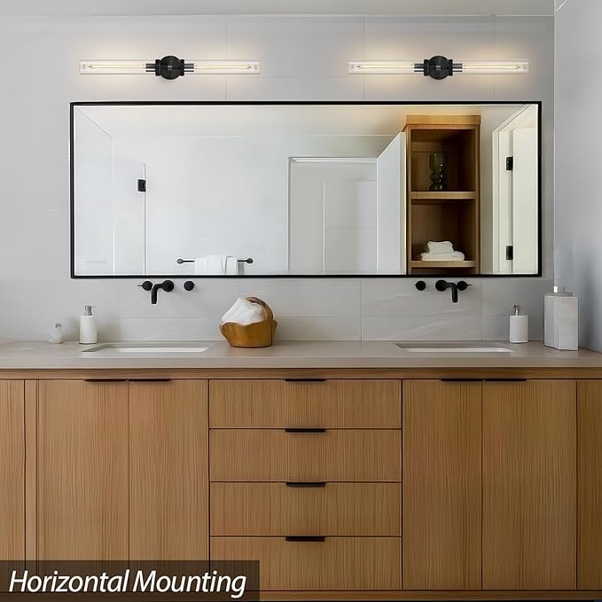 Modern 2-Light Black 30in Knurled Wall Sconces, Double Glass Sconces Wall Lighting, Bathroom Vanity Light Sconces, Wall Lights for Living Room Bedroom Hallway Kitchen Bathroom Mirror Includes bulbs