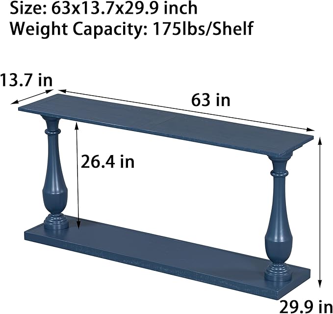 63 Inch Console Table with 2 Vase-Leg, Vintage Wood Grain Sofa Table Behind Couch, Narrow Entryway Accent Table for Living Room, Entrance, Hallway, Foyer, Bedroom, Apartments, Blue