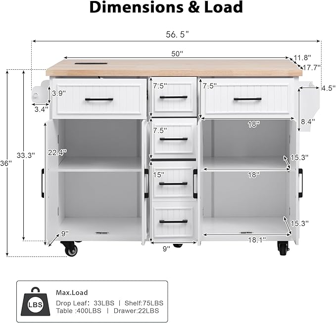 56.5" Kitchen Island with Drop Leaf, Power Outlet, Embossed Vertical Stripe Rolling Kitchen Cart on Wheels with 4 Doors, 5 Deep Drawers and Adjustable Shelves for Dining Room, White
