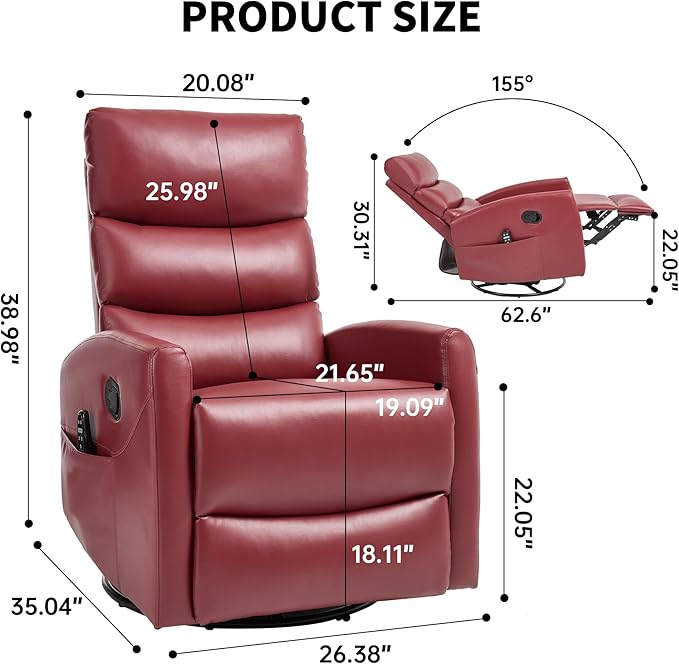 PELUMY Massage Recliner Chair with Heat - Manual Rocker Swivel Recliner, 360° Rotation & 155° Recline for Living Room（Breathable Leather, Red）