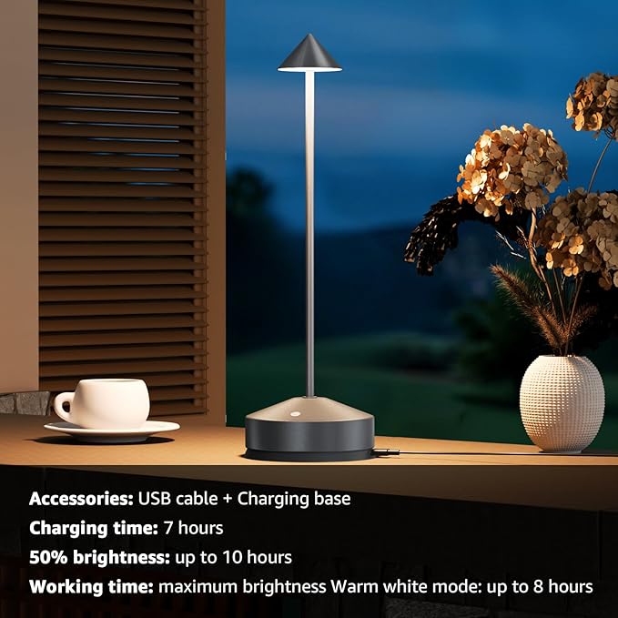 Portable Rechargeable Table Lamp for Indoor Outdoor, Battery Operated Desk Light with 3-Color Dimming Touch Control for Bedroom Dining Living Room Office Restaurant Cafe Patio Balcony